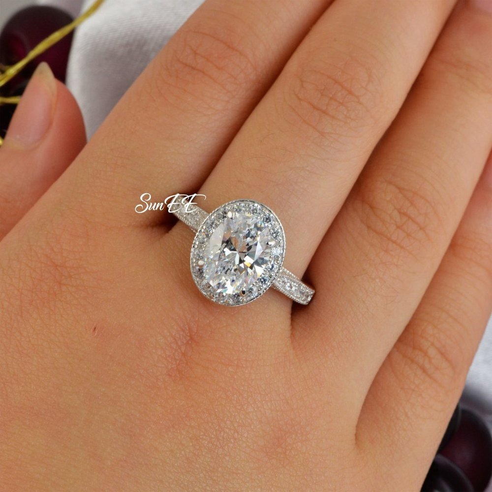 NEW 925 STERLING SILVER WOMENS HALO OVAL WEDDING ENGAGEMENT RING